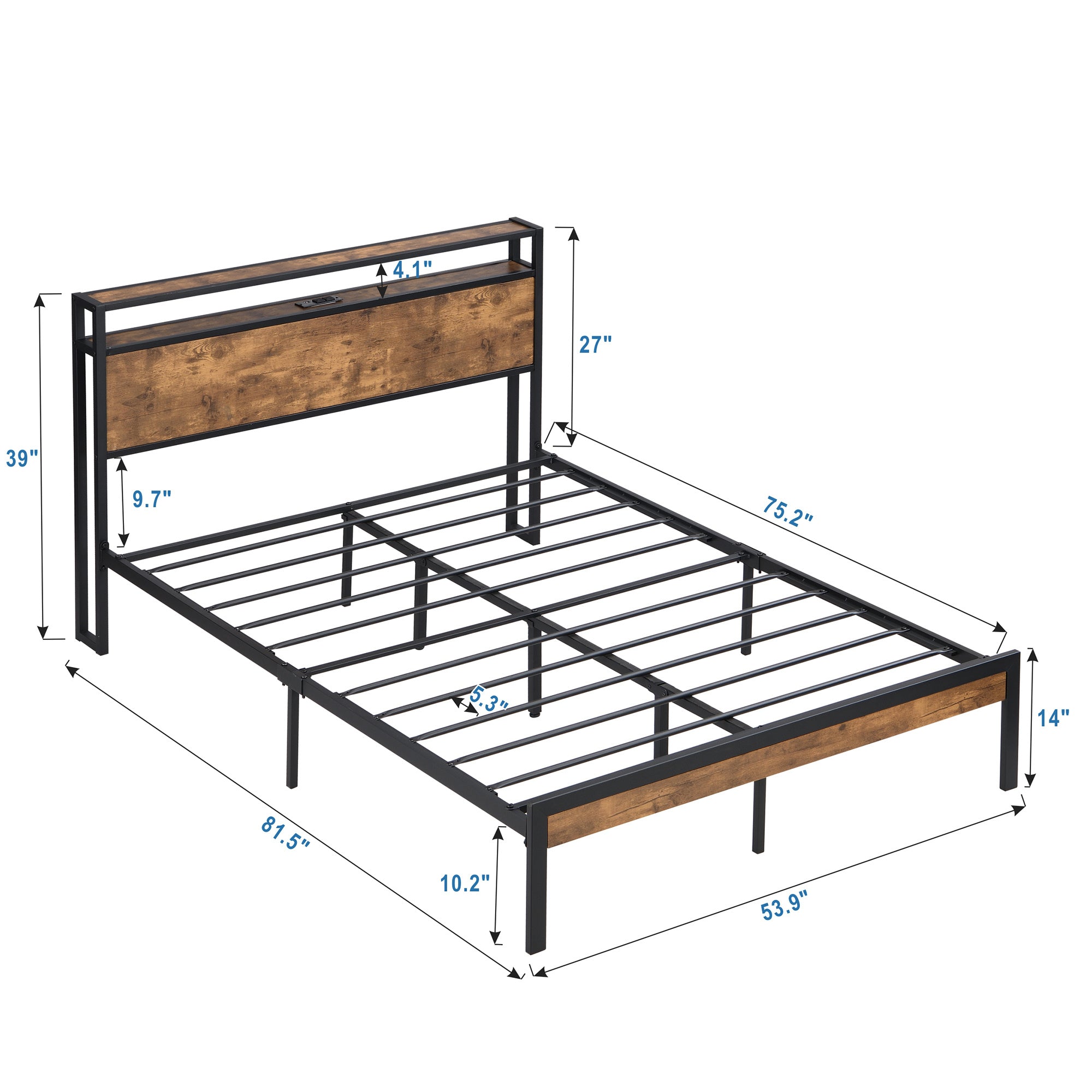 Full Size Metal Platform Bed Frame with Wooden Headboard and Footboard with USB LINER, No Box Spring Needed, Large Under Bed Storage, Easy Assemble