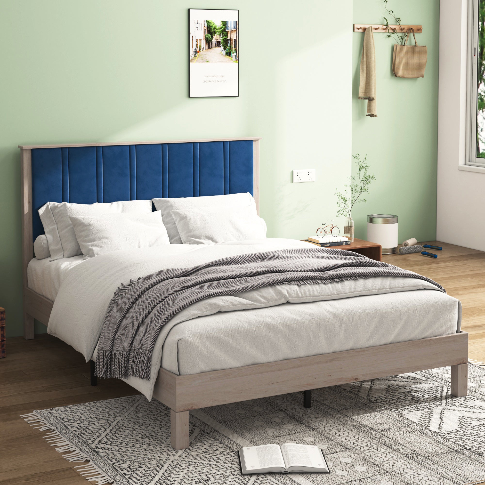 Queen Bed Frame, Wood with Wood Headboard Bed Frame with upholstered headboard / Wood Foundation with Wood Slat Support / No Box Spring Needed / Easy Assembly