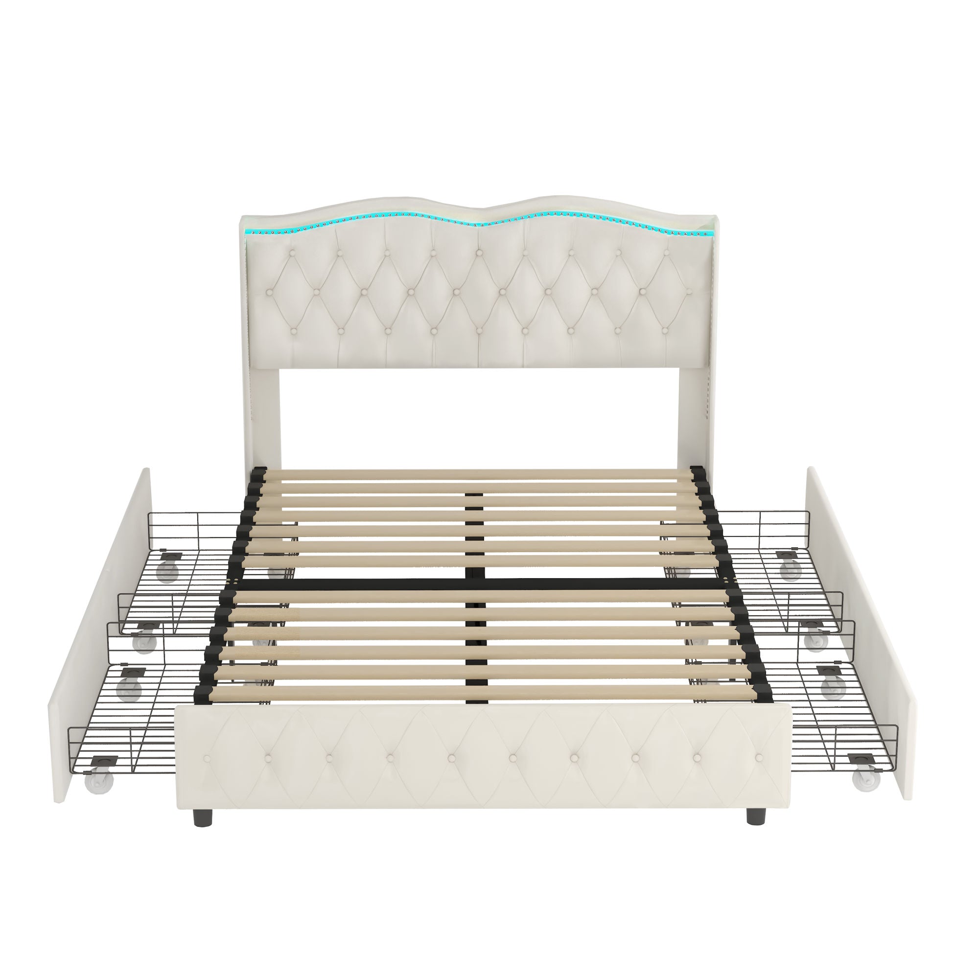 Queen Platform Bed Frame , Velvet Upholstered Bed with Deep Tufted Buttons and Nailhead Trim, Adjustable Colorful LED Light Decorative Headboard, Bed Sides with Pull-Out Storage 4 Drawers, Beige