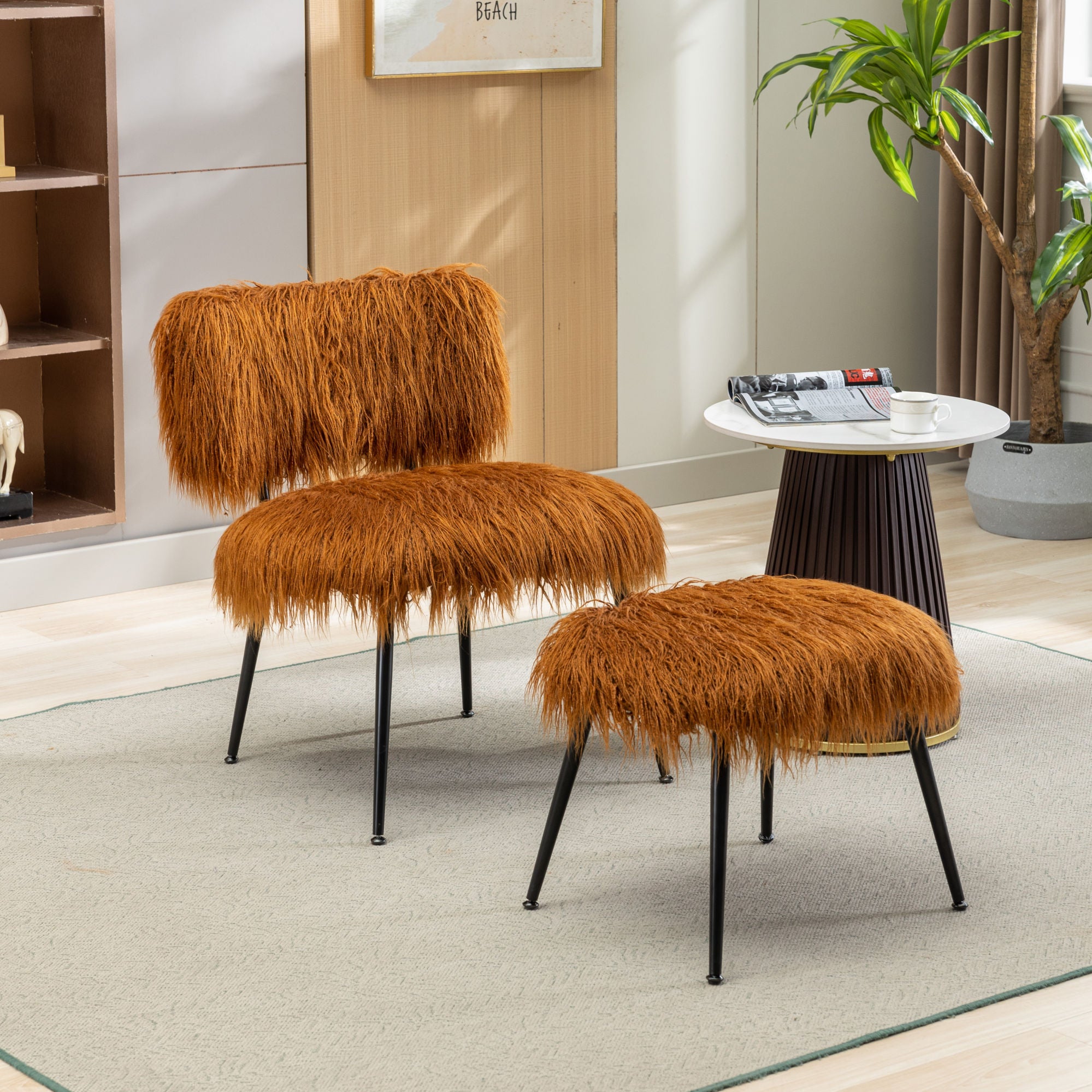 25.2'' Wide Faux Fur Plush Accent Chair With Ottoman, Living Room Chair With Footrest, Fluffy Upholstered Armless Chair And Stool, Comfy Mid Century Modern Chair for Living Room, Bedroom (Caramel)