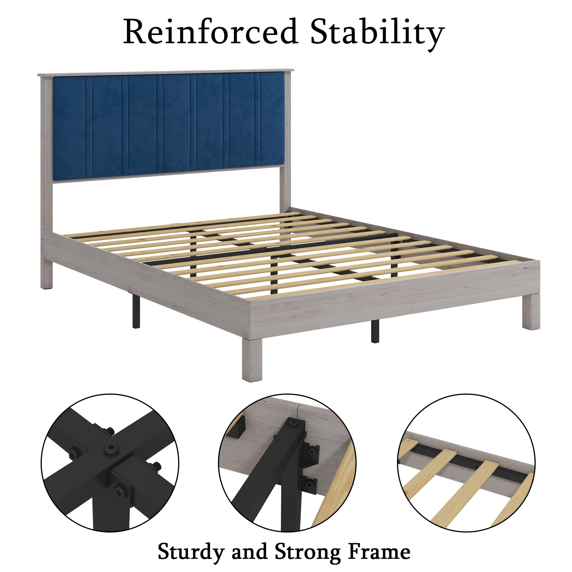 Queen Bed Frame, Wood with Wood Headboard Bed Frame with upholstered headboard / Wood Foundation with Wood Slat Support / No Box Spring Needed / Easy Assembly