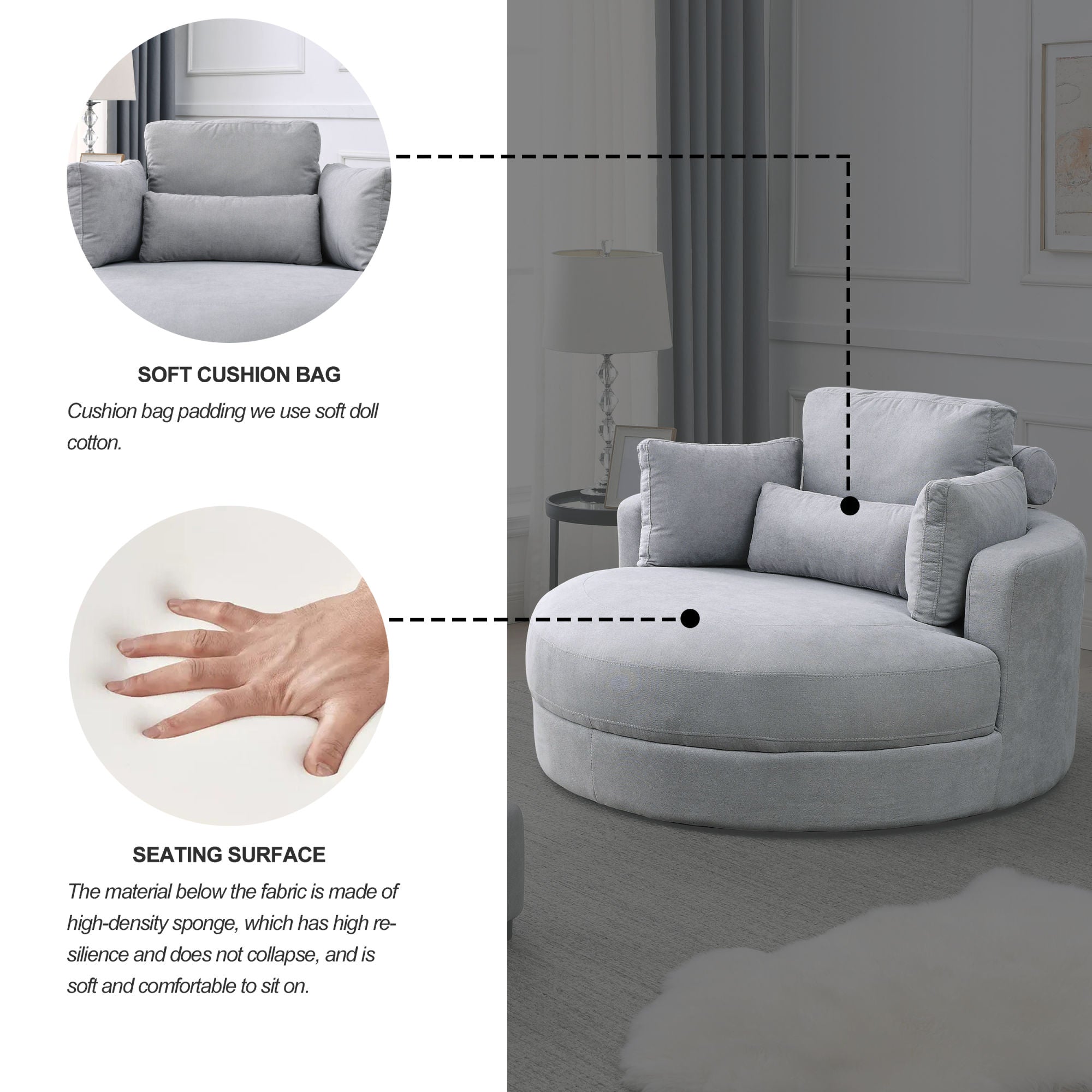 [Video] Welike Swivel Accent Barrel Modern Grey Sofa Lounge Club Big Round Chair with Storage Ottoman Linen Fabric for Living Room Hotel with Pillows