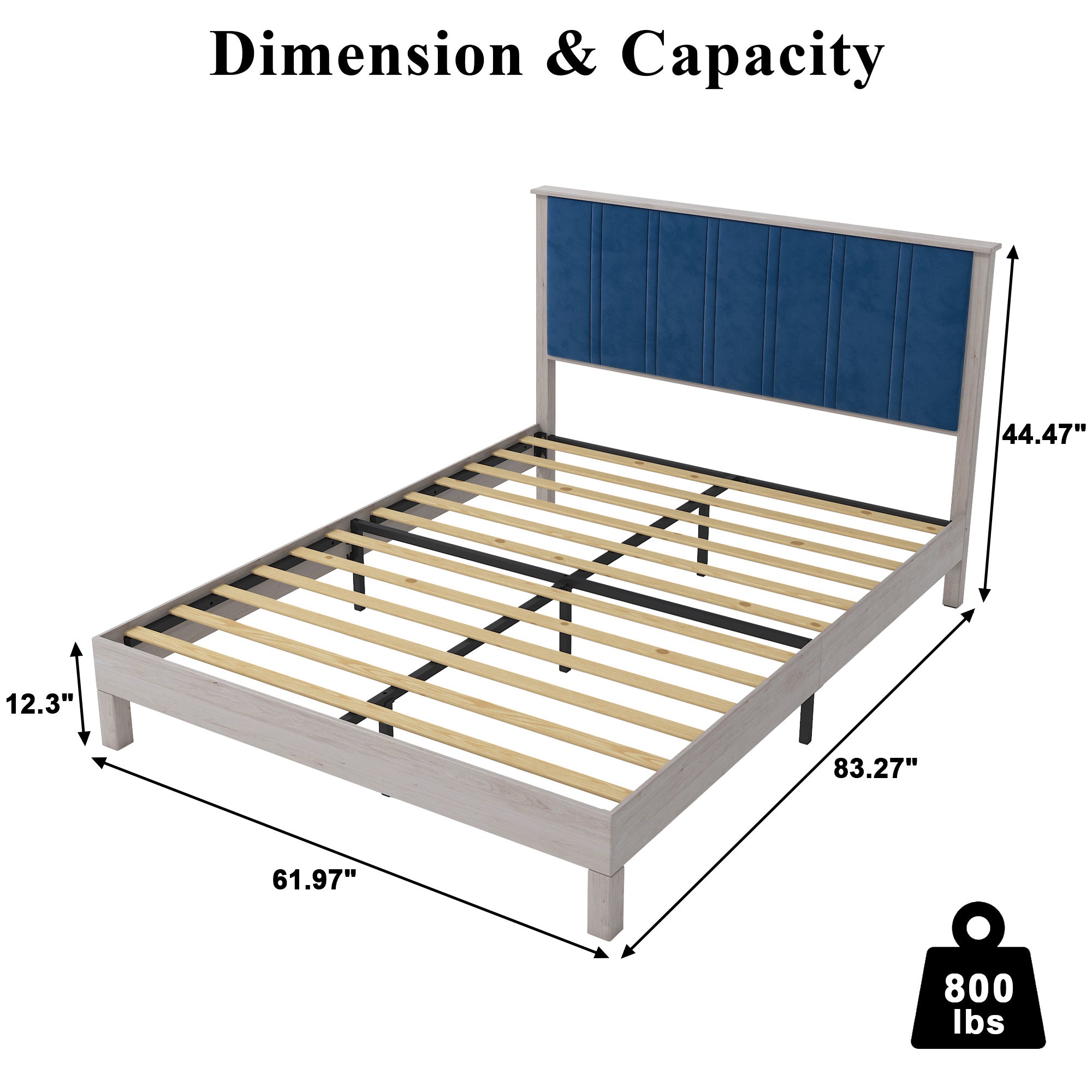 Queen Bed Frame, Wood with Wood Headboard Bed Frame with upholstered headboard / Wood Foundation with Wood Slat Support / No Box Spring Needed / Easy Assembly