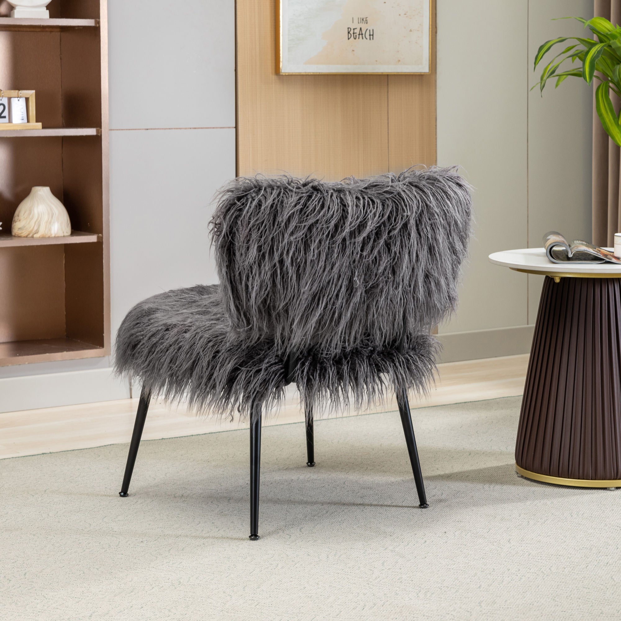 25.2'' Wide Faux Fur Plush Accent Chair With Ottoman, Living Room Chair With Footrest, Fluffy Upholstered Armless Chair And Stool, Comfy Mid Century Modern Chair for Living Room, Bedroom (Gray)