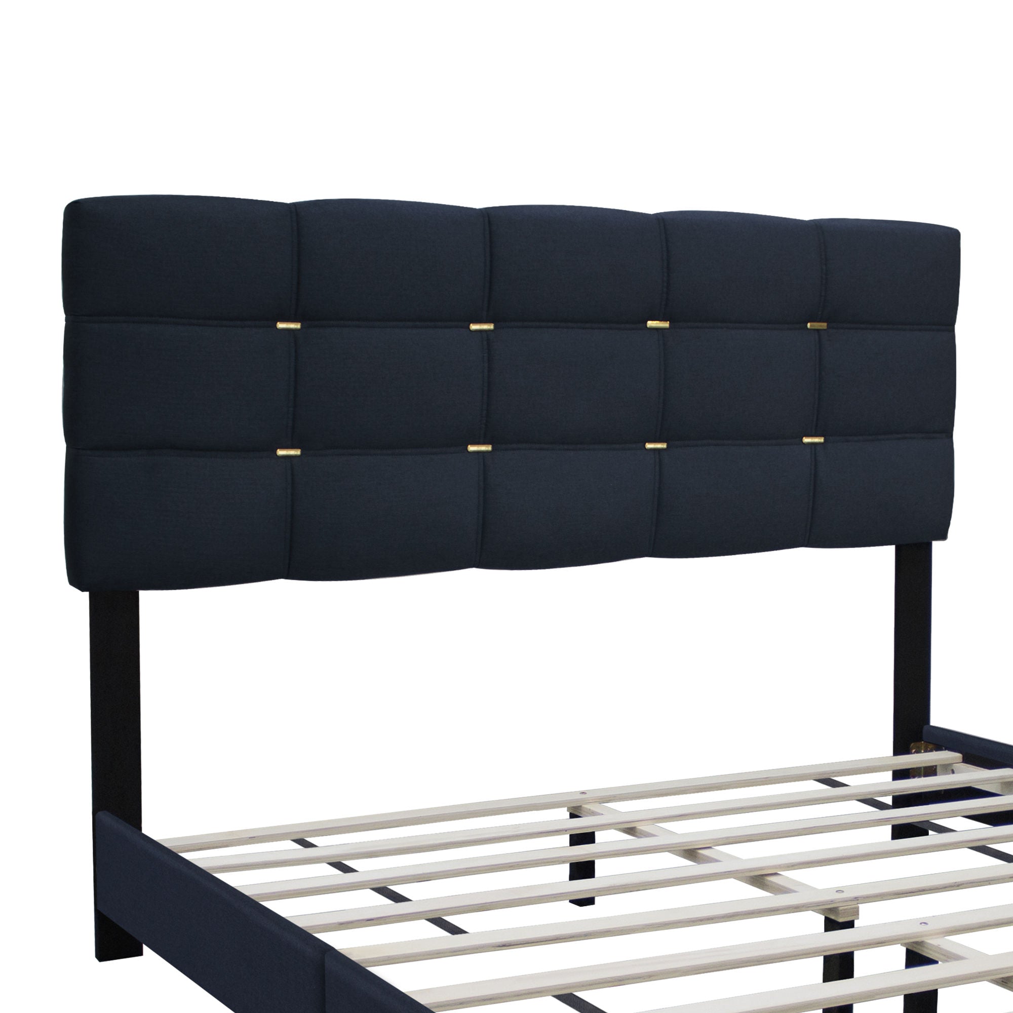 THE BLACK SERIES QUEEN SIZE ADJUSTABLE UPHOLSTERED BED FRAME WITH GOLD ACCENTS ON THE HEADBOARD HAS AN ELEGANT LOOK AND REQUIRES NO SPRINGS!