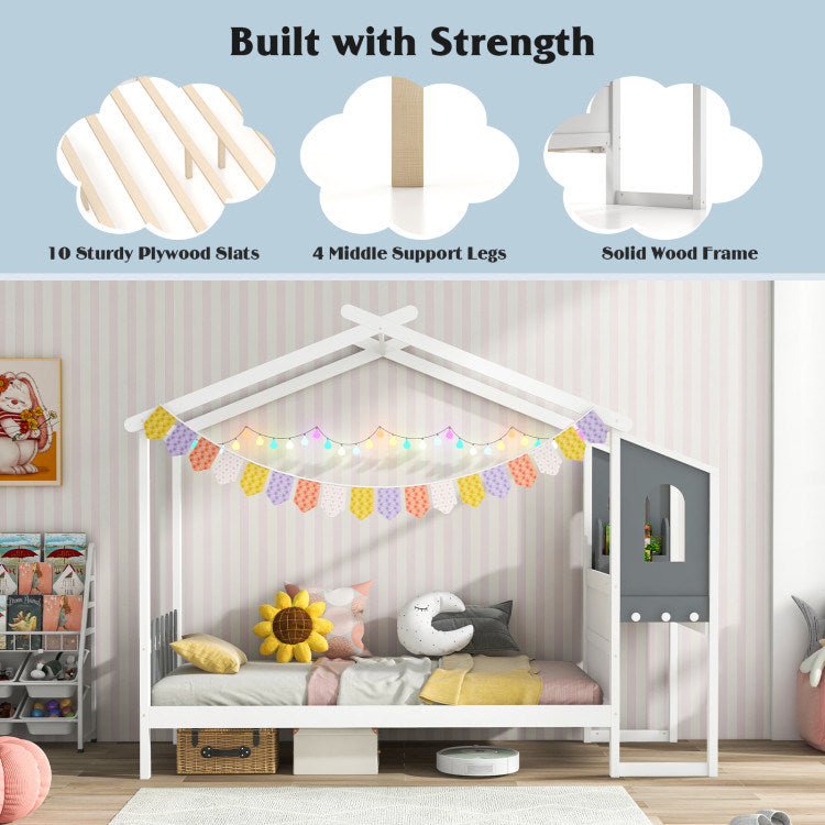 Twin/Full Bed Frame with House Roof Canopy and Fence for Kids