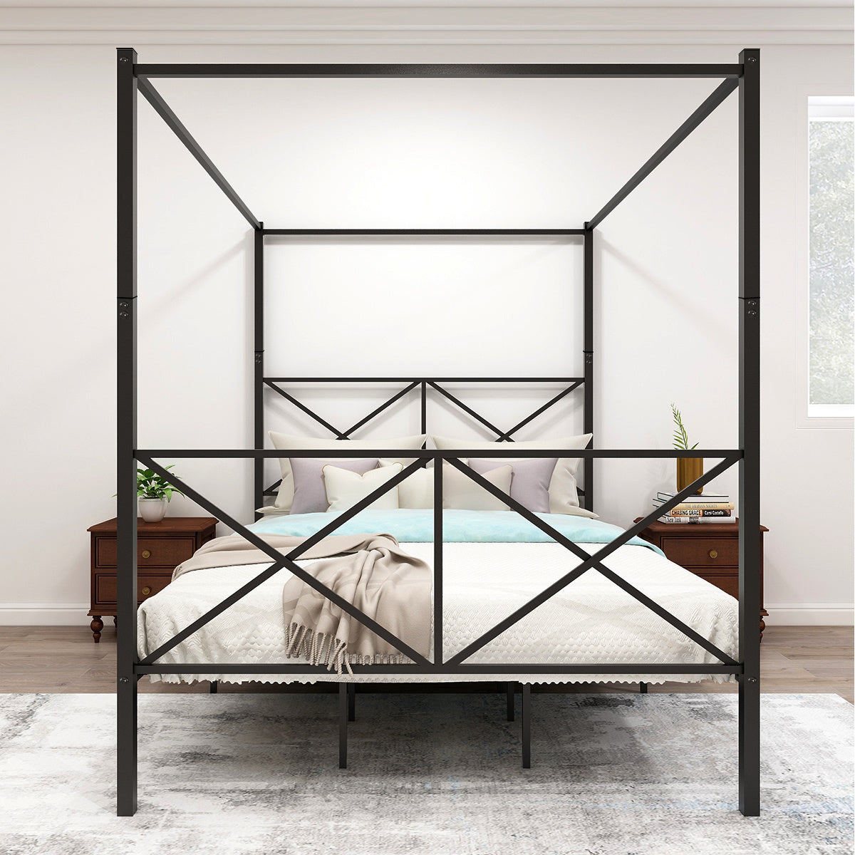 Metal Canopy Bed Frame; Platform Bed Frame Queen with X Shaped Frame Queen Black