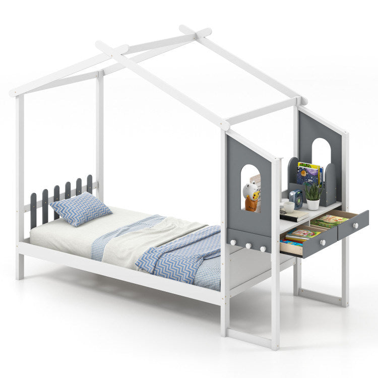 Twin/Full Bed Frame with House Roof Canopy and Fence for Kids