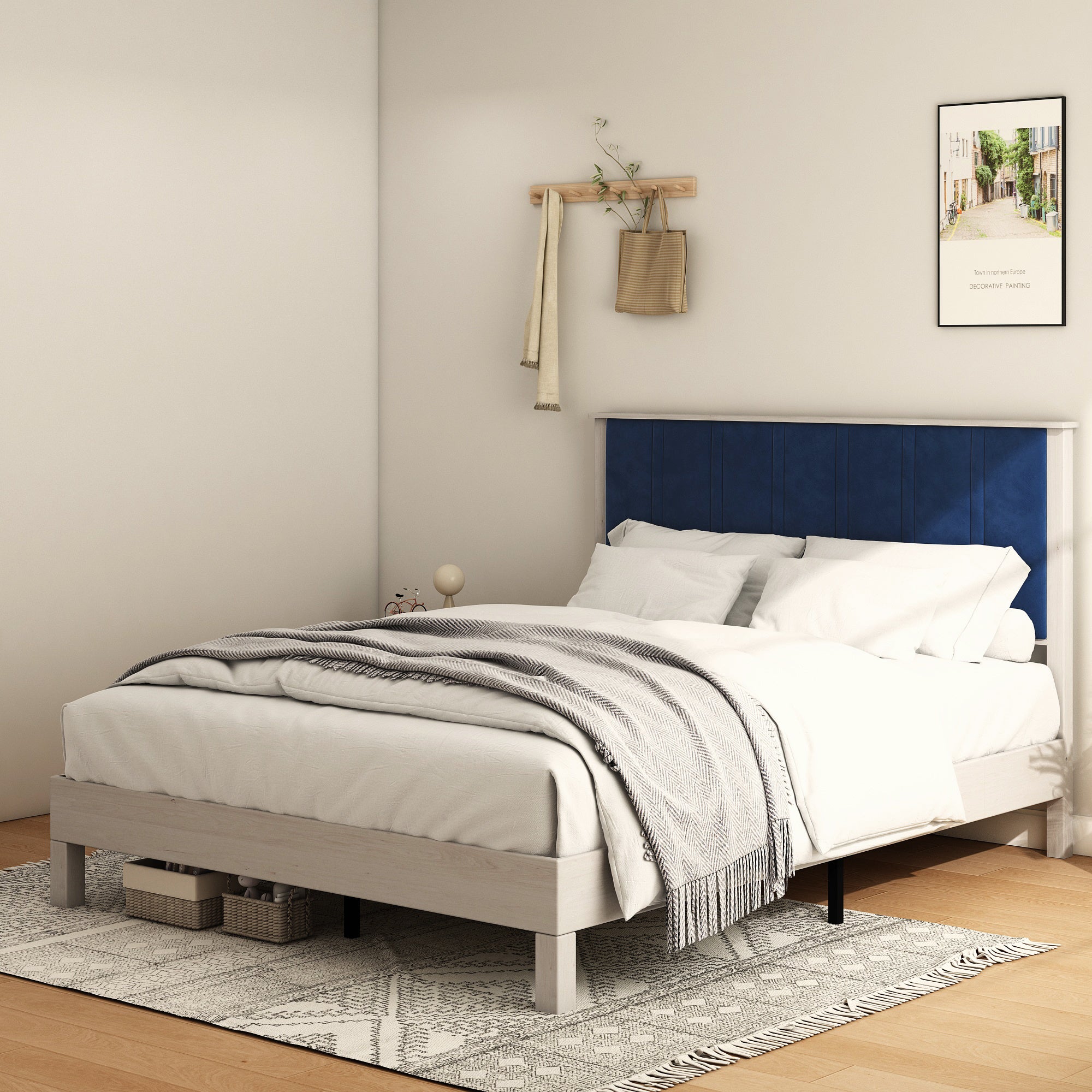 Queen Bed Frame, Wood with Wood Headboard Bed Frame with upholstered headboard / Wood Foundation with Wood Slat Support / No Box Spring Needed / Easy Assembly