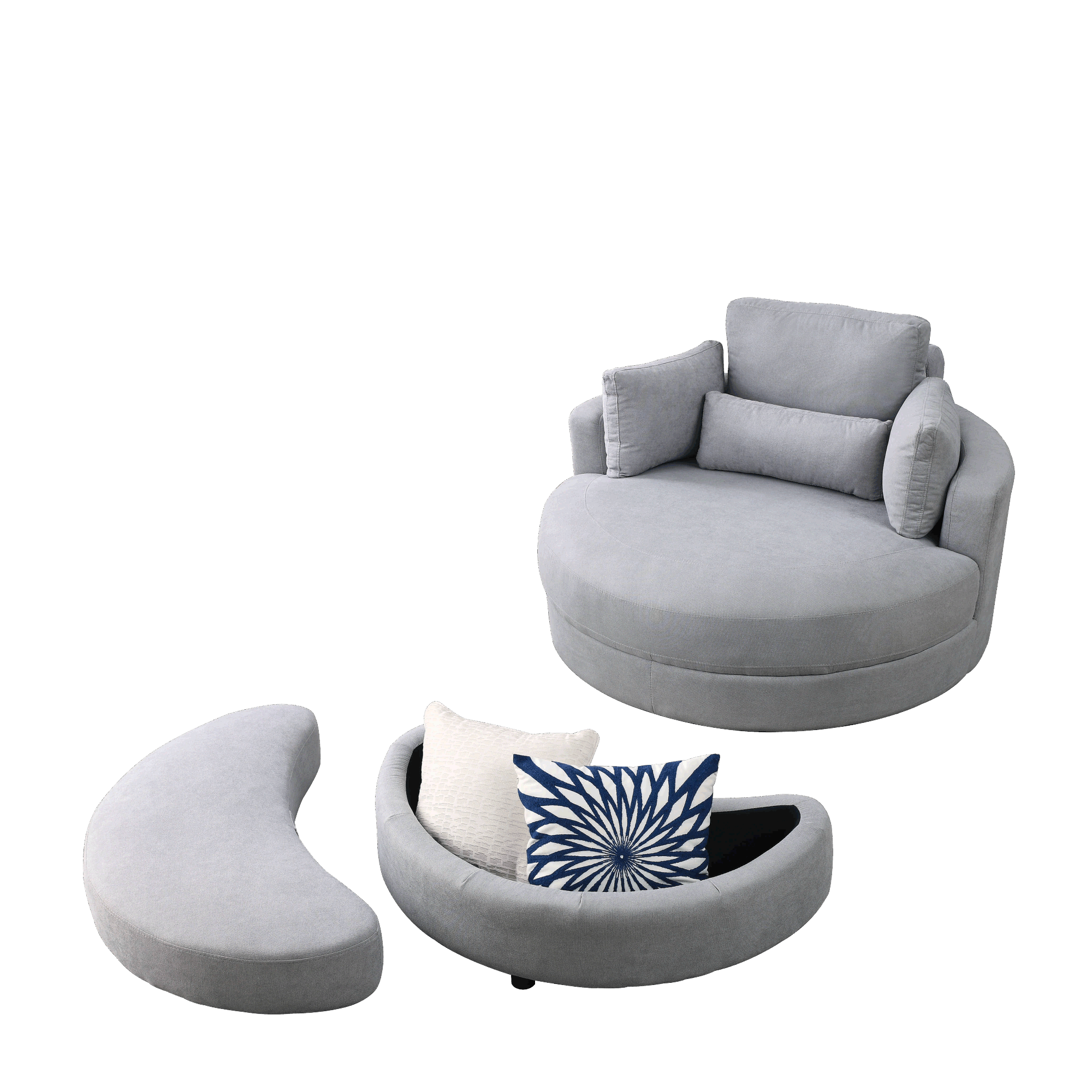 [Video] Welike Swivel Accent Barrel Modern Grey Sofa Lounge Club Big Round Chair with Storage Ottoman Linen Fabric for Living Room Hotel with Pillows