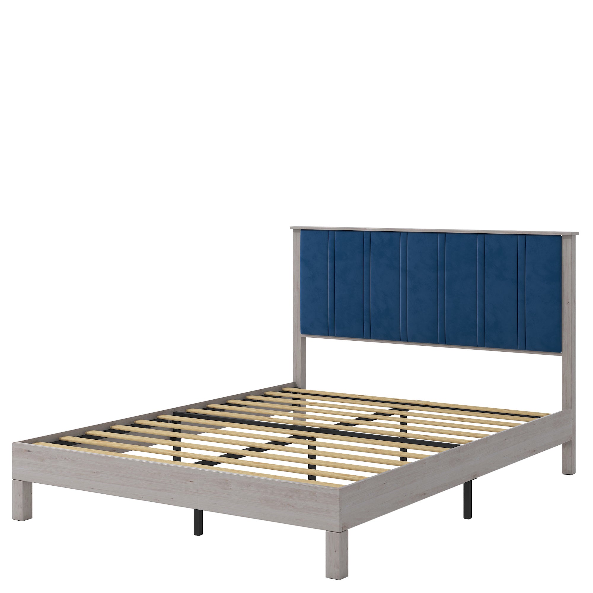 Queen Bed Frame, Wood with Wood Headboard Bed Frame with upholstered headboard / Wood Foundation with Wood Slat Support / No Box Spring Needed / Easy Assembly