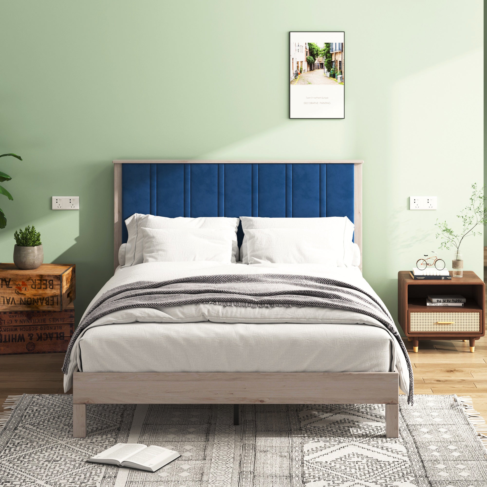 Queen Bed Frame, Wood with Wood Headboard Bed Frame with upholstered headboard / Wood Foundation with Wood Slat Support / No Box Spring Needed / Easy Assembly