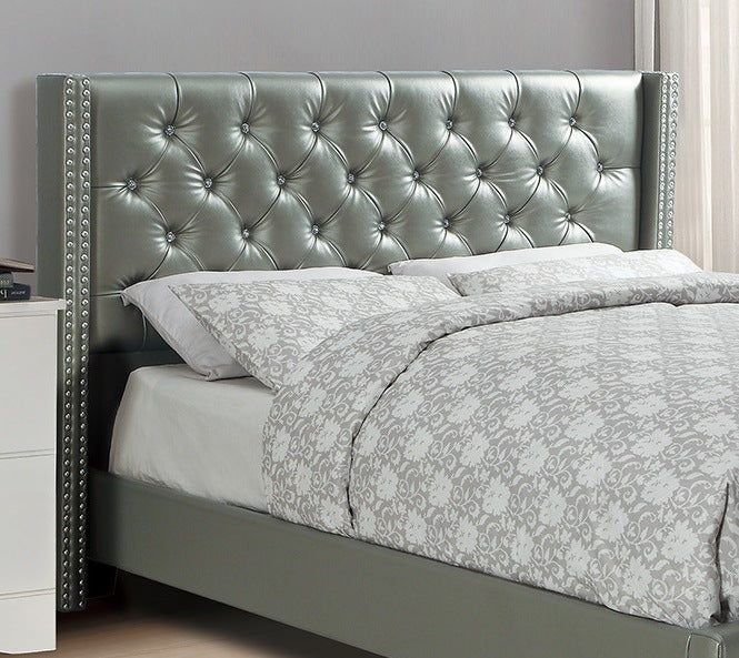 Full Size Bed 1pc Bed Set Silver Faux Leather Upholstered Tufted Bed Frame Headboard Bedroom Furniture