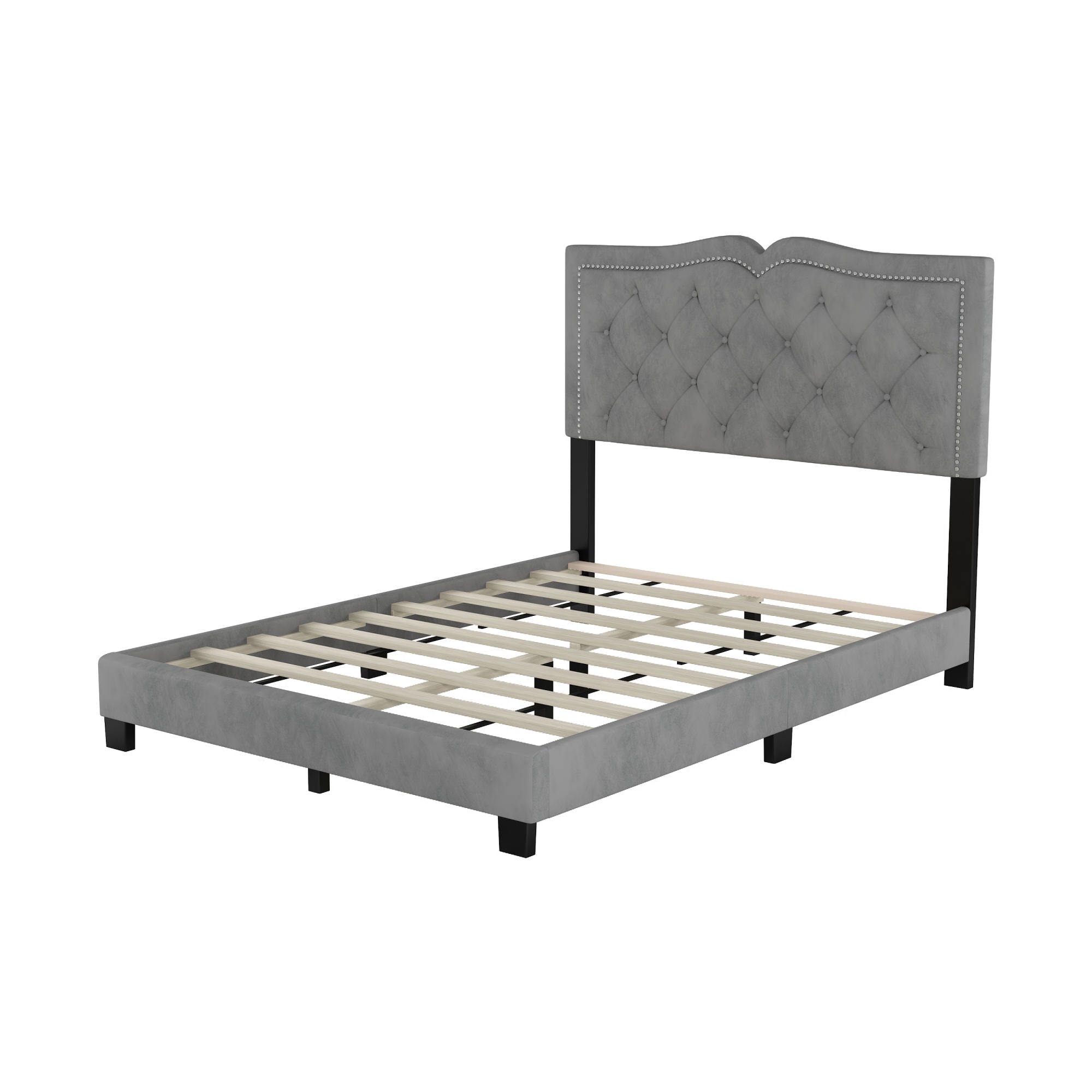 Full Size Upholstered Bed Frame with Rivet Design, Modern Velvet Platform Bed with Tufted Headboard,Gray