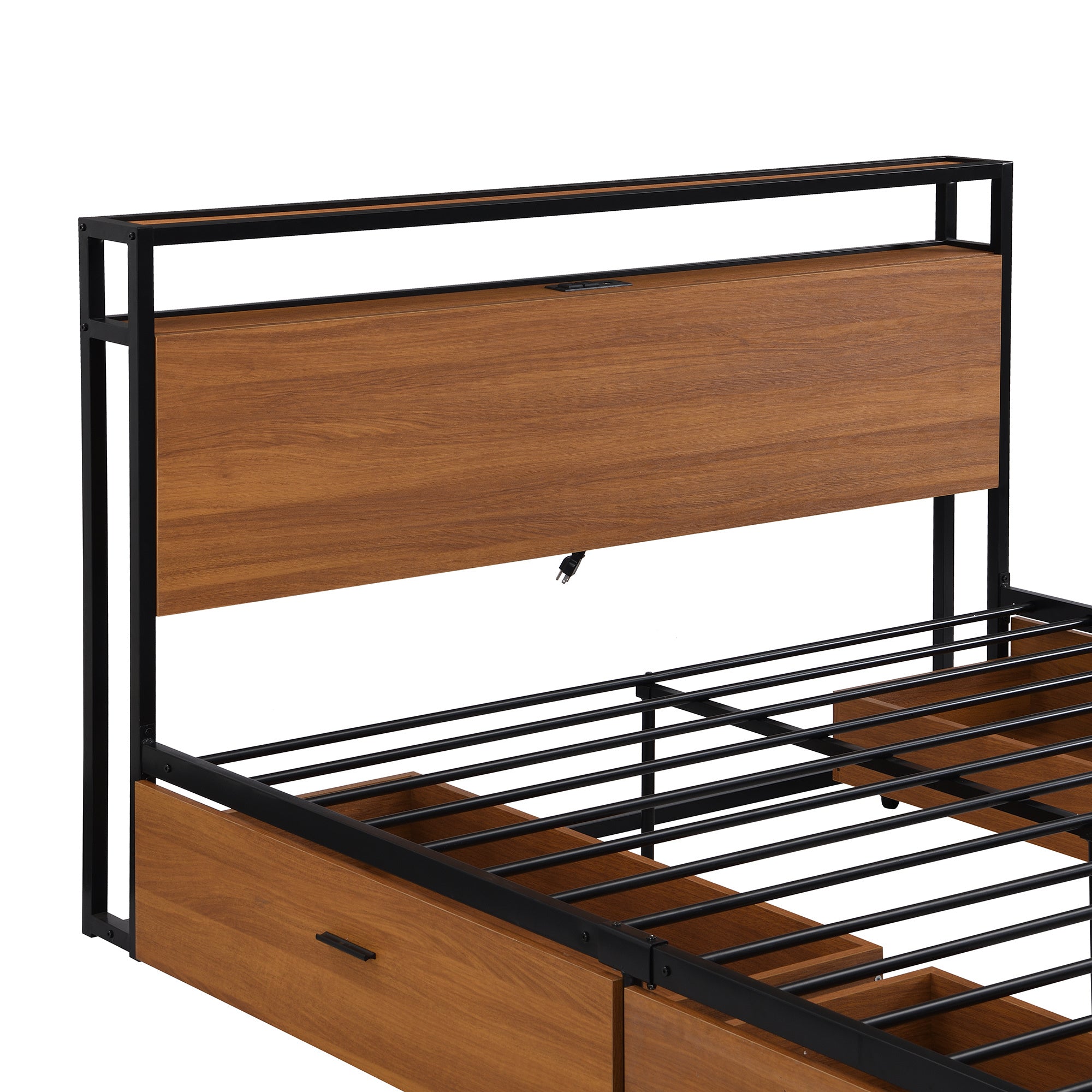 Queen Size Metal Platform Bed Frame with Four Drawer, Sockets and USB Ports, Slat Support No Box Spring Needed Black